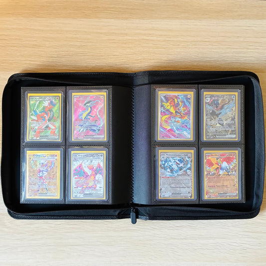 Classeur binder premium en simili cuir pour cartes sous toploaders format 2x2, ouverture zip, capacité 112 cartes Pokémon
