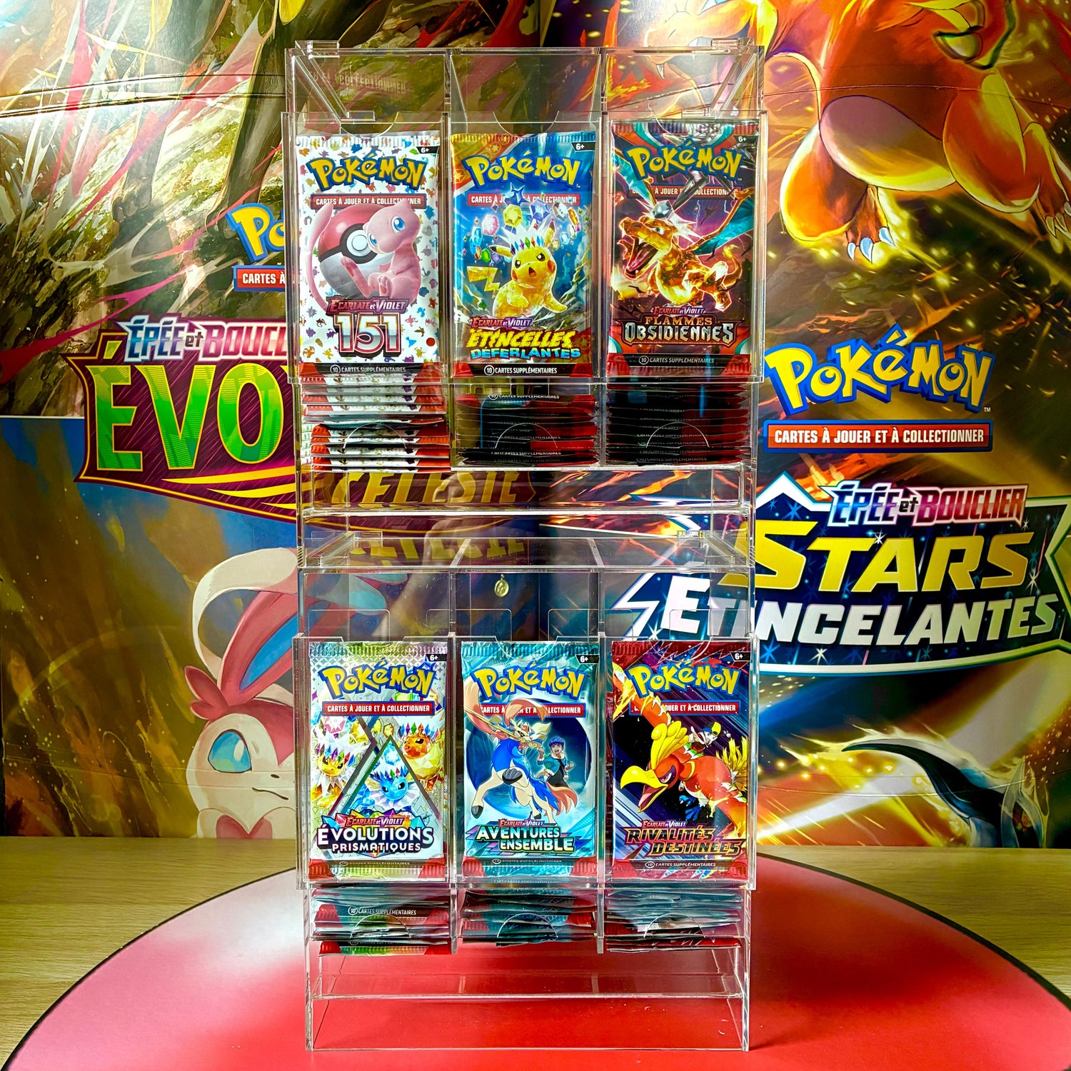 Distributeur de boosters Pokémon en acrylique transparent, version 3 cheminées, idéal pour exposer des packs de collection pour streamer