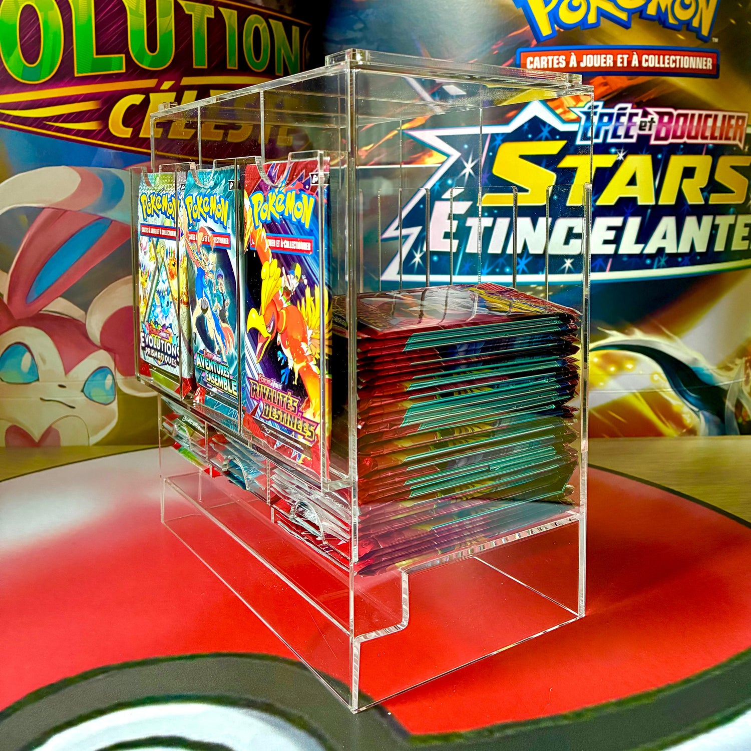 Distributeur de boosters Pokémon en acrylique transparent, version 3 cheminées, idéal pour exposer des packs de collection pour streamer