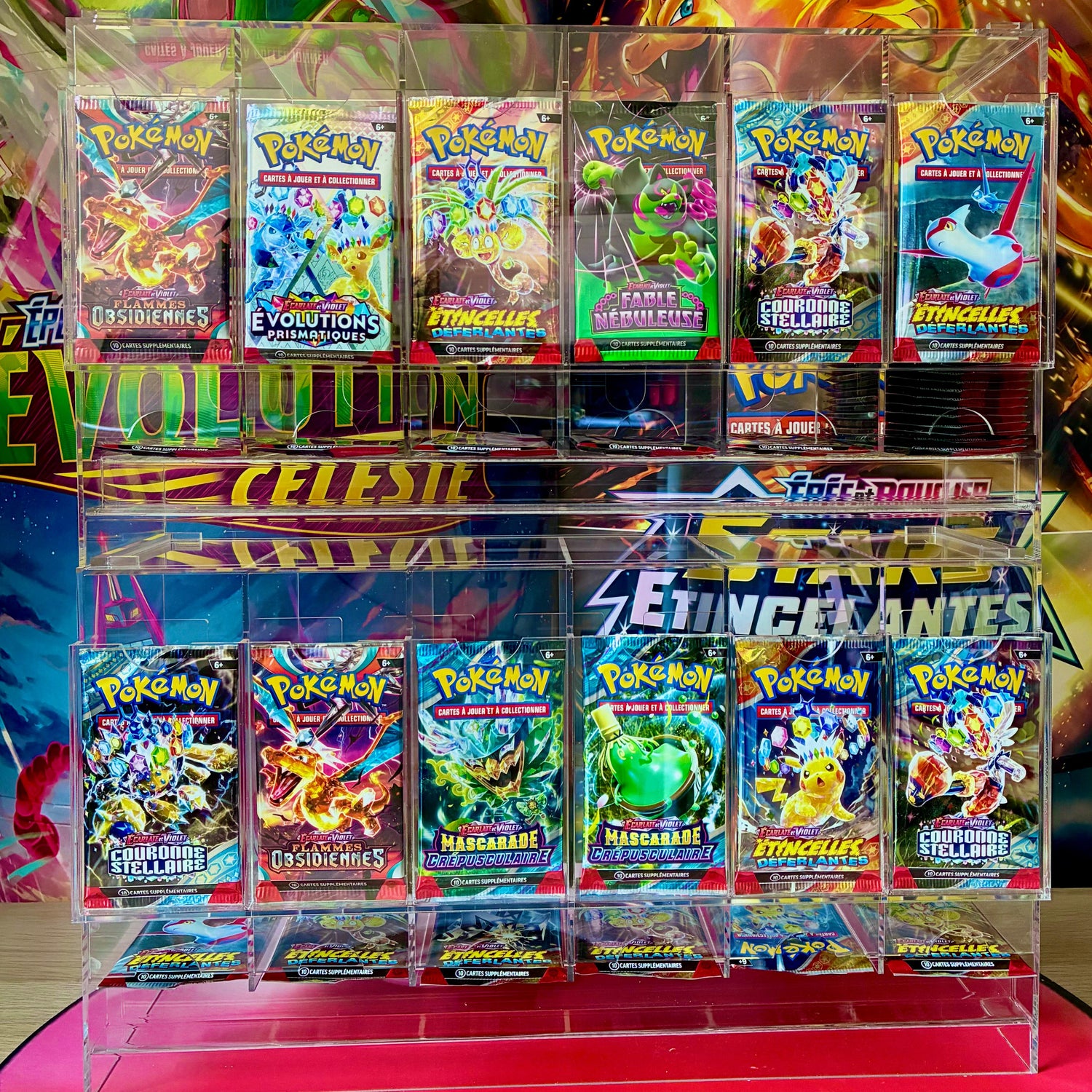 Distributeur de boosters Pokémon en acrylique transparent, version 6 cheminées, idéal pour exposer des packs de collection pour streamer