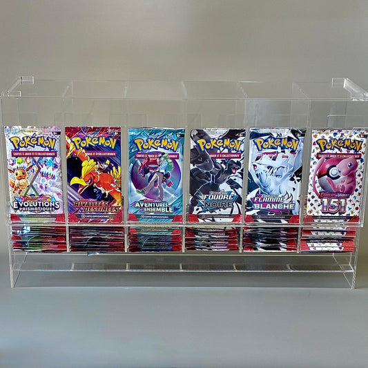 Distributeur de boosters Pokémon en acrylique transparent, version 6 cheminées, idéal pour exposer des packs de collection pour streamer